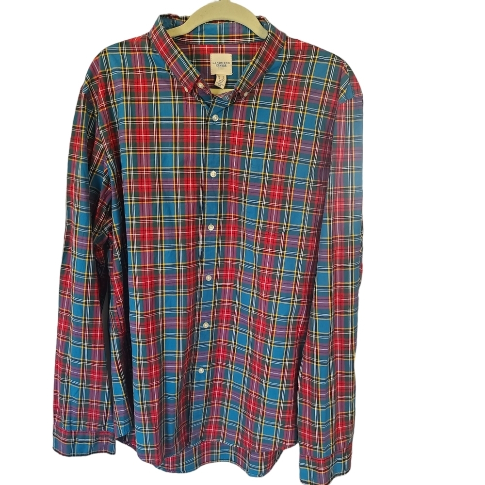 Lands End Men's Plaid Button Down Dress Shirt XXL NWT Red & Blue